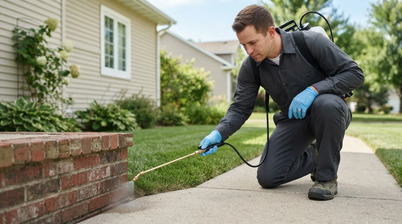 Pest control technician treating a home near Ansley, NE