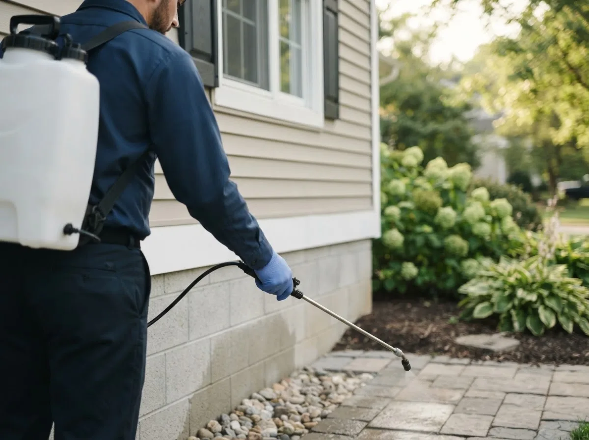 Pest control technician inspecting a home in Ansley, NE